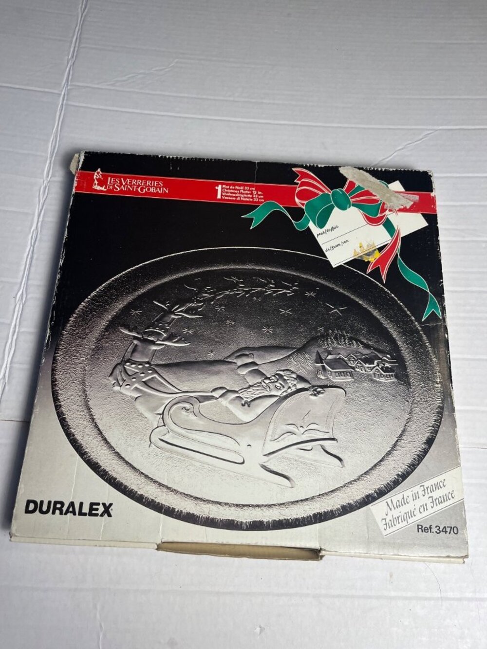 Duralex 13” VTG Christmas Platter Embossed Santa Sleigh Design Tempered Glass